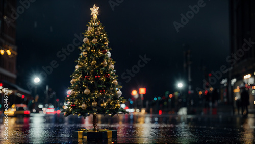 big triangular christmas tree with golden glowing star on top, staying on top of black gold gift box alone at wet street in dark rainy city with blury lights in back, generative AI