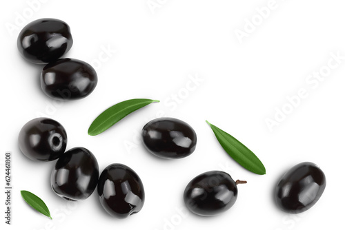 Black olives with leaves isolated on a white background with full depth of field. Top view with copy space for your text. Flat lay