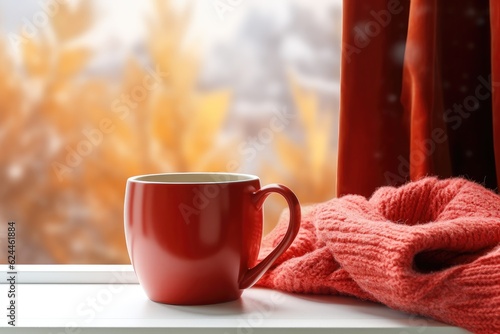 Cup of hot tea on window, red plaid and curtain , rain outside. AI Generated