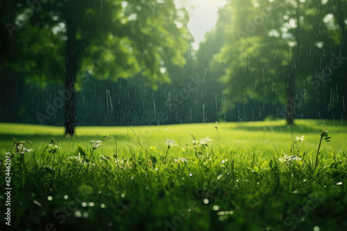 Summer rain on a green meadow in sunlight