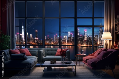 Modern Living room night city view out of glass windows. 