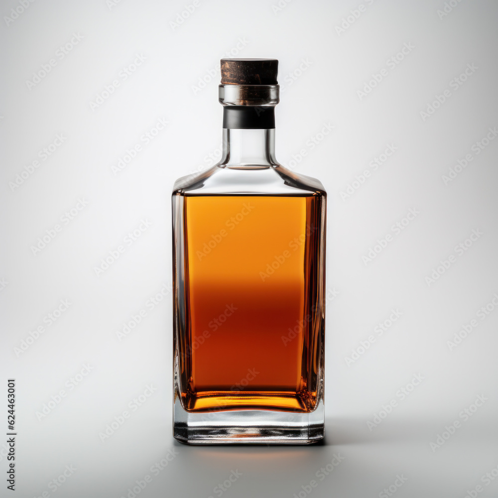 Bottle of amber color premium alcohol, isolated on white background. Ideal for mock-up of whisky, brandy, cognac or rum design. Bottle of amber color premium alcohol, isolated on white background. Ideal for mock-up of whisky, brandy, cognac or rum design.