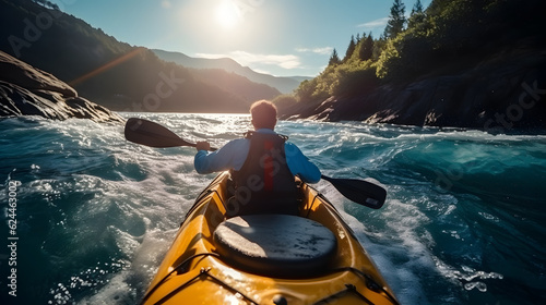 Rear view of man riding kayak in stream with background of beautiful landscape. © ZayWin
