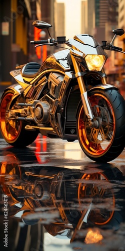 Motorcycle on City Street Background with Reflection in Water at Sunset. Generative AI.