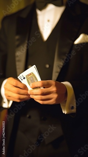 Close-Up of Man in Tuxedo Holding Playing Cards. Generative AI.