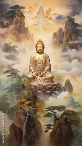 Amitabha Buddha in mountains. Generative AI