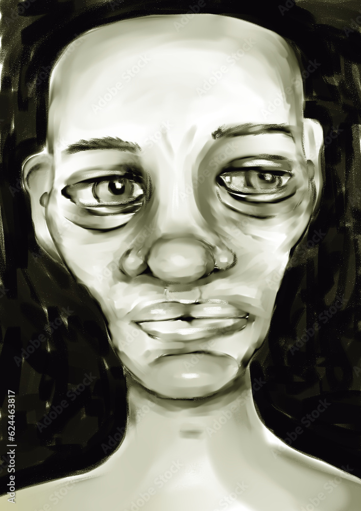 Digital drawing imitating charcoal, in black and white, representing an abstract face, with a black background