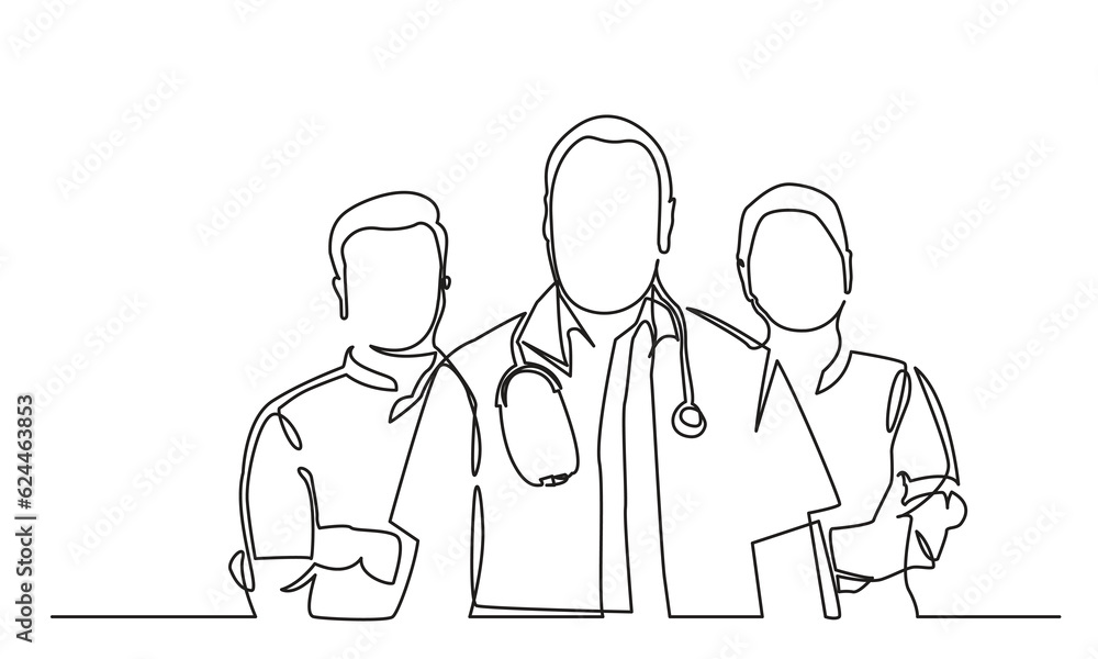 One continuous line drawing doctors team. a group of young male and female doctors pose standing together.Medical healthcare service concept.
One continuous line drawing doctors team. a group of young male and female doctors pose standing together.Medical healthcare service concept.