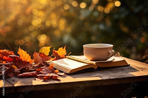 Cup of hot tea and book in the park, autumn leaves , AI Generated