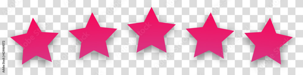 Five pink stars with a shadow on a transparent background. Ranking concept for apps, games or website. The concept of feedback and evaluation of support. Vector illustration. Five pink stars with a shadow on a transparent background. Ranking concept for apps, games or website. The concept of feedback and evaluation of support. Vector illustration.