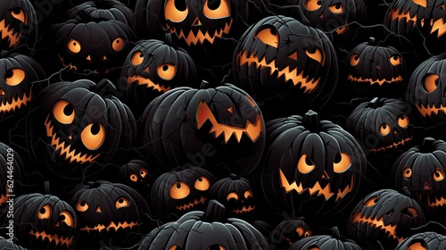 Spooky black pumpkin face, festive Halloween celebration, orange jack-o'-lanterns, seamless Halloween pattern