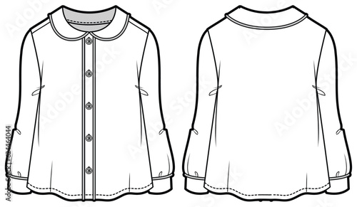 Girls Peter pan Blouse woven top design flat sketch fashion illustration vector template with front and back view, Toddler baby girl button front blouse