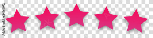 Five pink stars with a shadow on a transparent background. Ranking concept for apps, games or website. The concept of feedback and evaluation of support. Vector illustration.