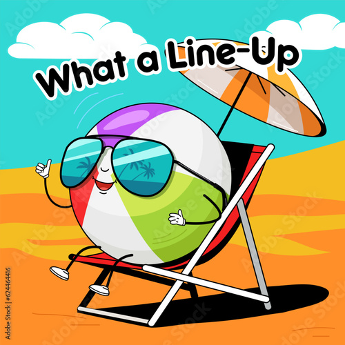 Funny cartoon volleyball ball  charcter in glasses rests on a sunbed 