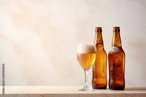 bottles of beer and glass with a marble background. Generative AI