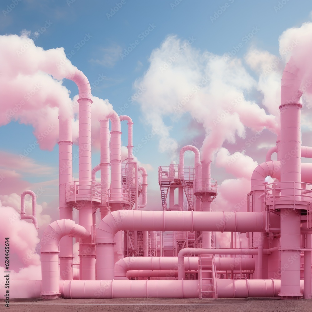 A square composition of pink factory pipes against a blue sky, with smoke resembling cotton candy. A whimsical take on industrial style