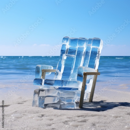 A beach chair made of ice cubes on a sandy beach  with an ocean background featuring waves. A summer concept juxtaposing ice  sun  chill  relaxation  and travel