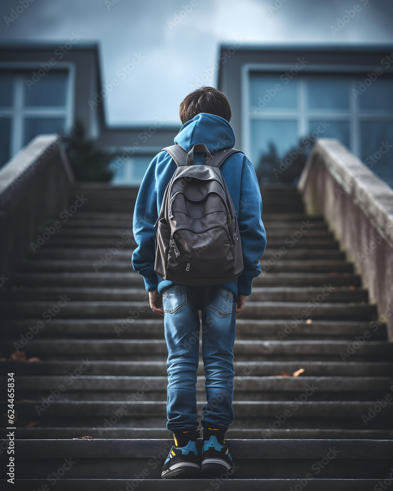 A boy seen from back, entering to school, holding a schoolbag