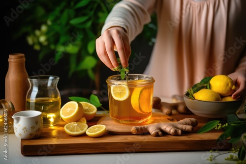 Unrecognizable woman adding mint to lemon tea, AI Generated