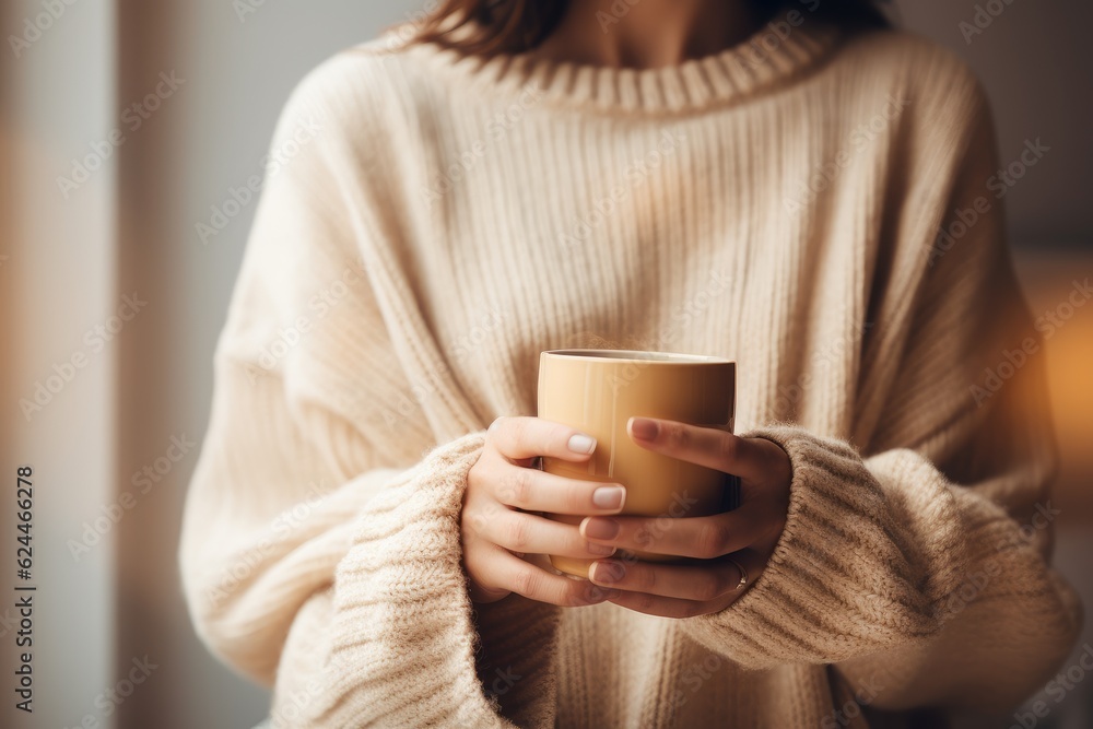 Unrecognizable woman in cozy sweater holding cup with hot coffee, AI Generated Unrecognizable woman in cozy sweater holding cup with hot coffee, AI Generated