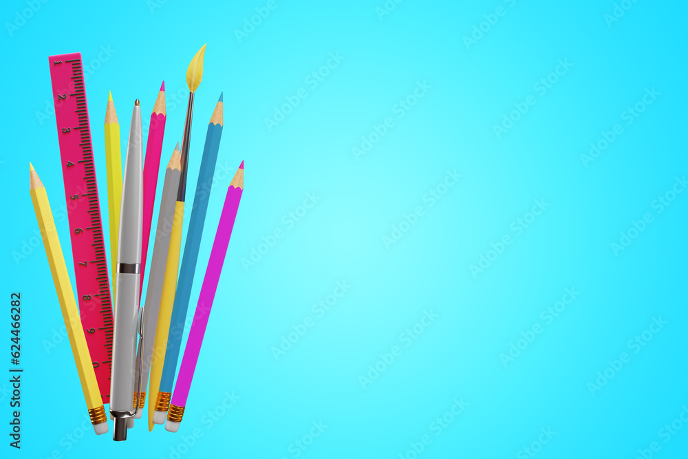 Back to school. Pencils ruler pen on a blue background. 3d rendering