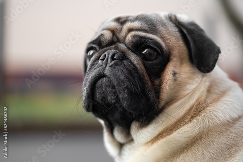 close-up portrait of a pug dog's face on the street