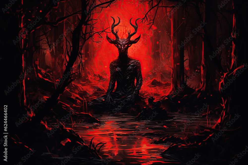 Demon in the woods. Evil forest creature. Halloween concept. Generative Ai illustration