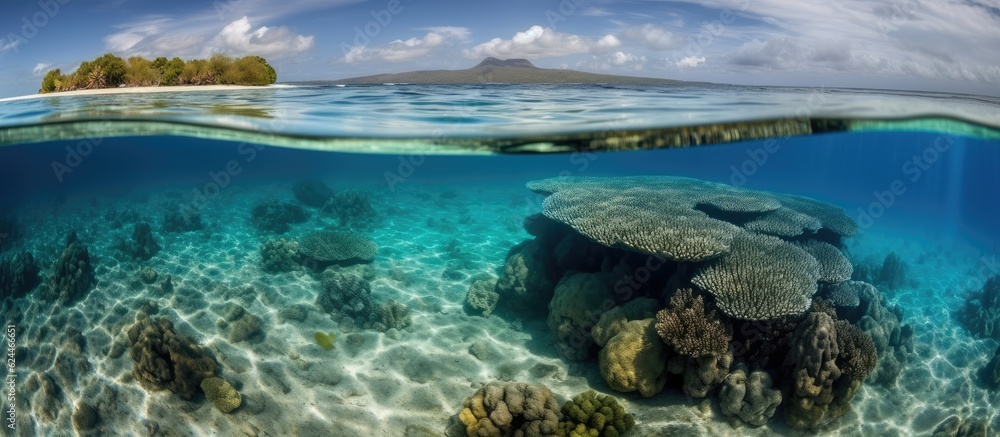 Waterline between tropical island and coral reef, sunlight