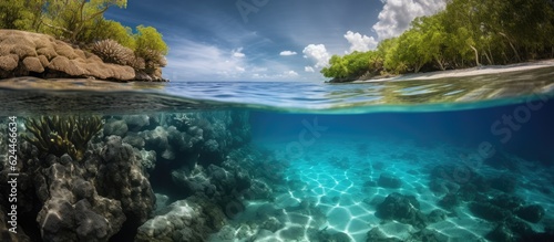 Waterline between tropical island and coral reef, sunlight © AdriFerrer