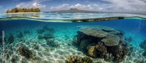 Waterline between tropical island and coral reef  sunlight