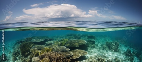 Waterline between tropical island and coral reef, sunlight