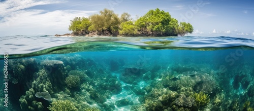 Waterline between tropical island and coral reef