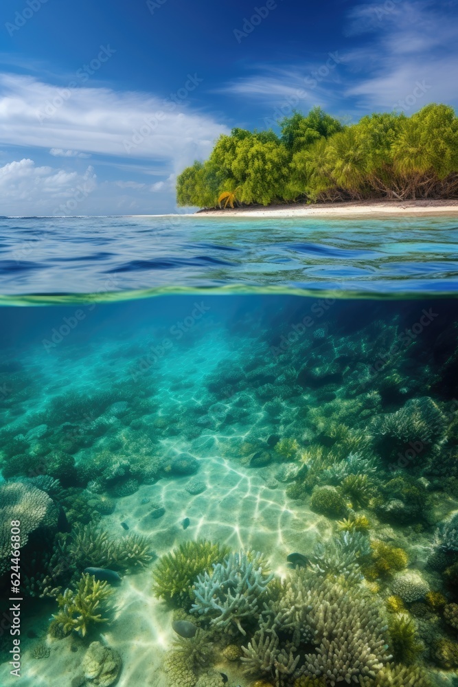 Waterline between tropical island and coral reef Waterline between tropical island and coral reef