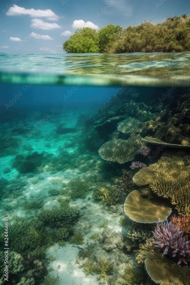 Naklejka premium Waterline between tropical island and coral reef