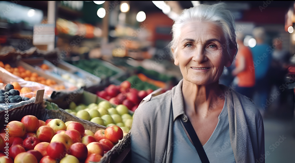 Aged woman choosing fruits and vegetables at street market. Healthy eating, nutritions, organic food concept illustration made with generative AI