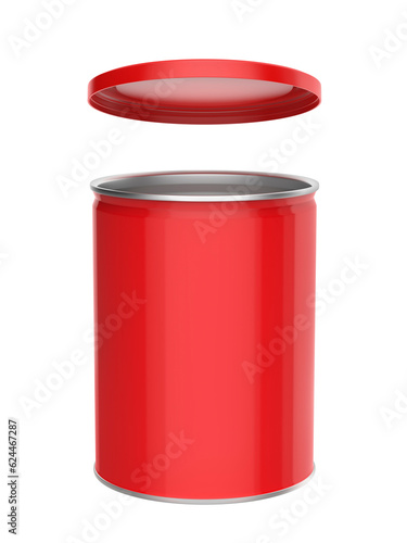 Shiny red metal can with plastic lid on transparent background