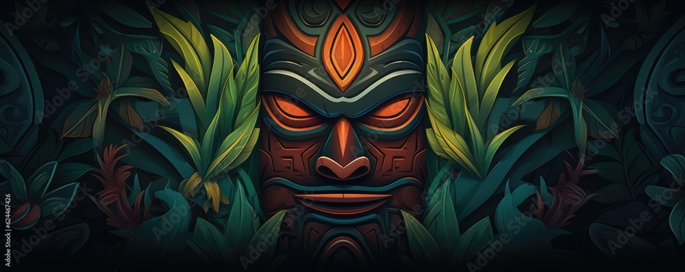 Tropical tiki mask, mystical symbol of the enigmatic lost tribe in the jungle, panorama. Generative Ai. Tropical tiki mask, mystical symbol of the enigmatic lost tribe in the jungle, panorama. Generative Ai.