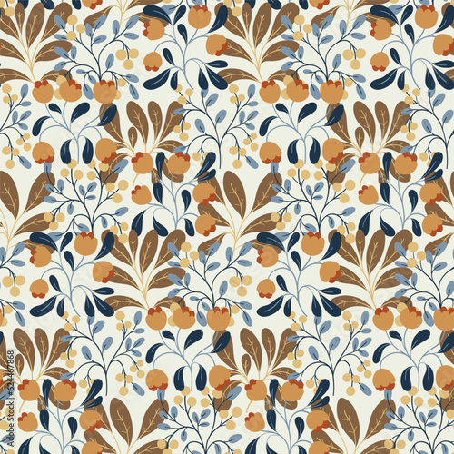 Seamless floral pattern, natural print with retro folk motif. Autumn botanical design, ornament: hand drawn wild plants, small flowers, twigs, berries, leaves on white background. Vector illustration.
