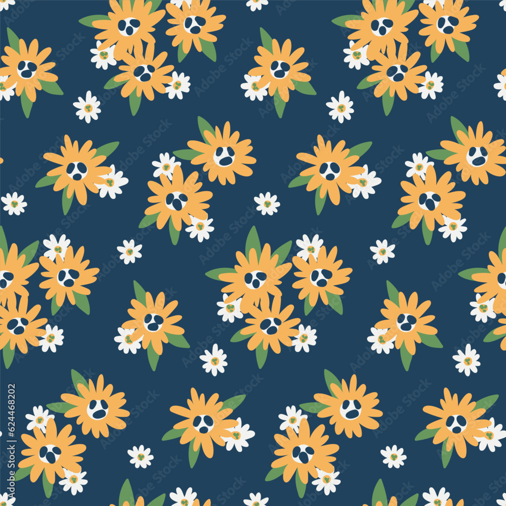 Seamless floral pattern, simple ditsy print, ornament with small hand drawn plants. Cute botanical design for fabric, paper: tiny yellow daisy flowers, leaves on a blue background. Vector illustration Seamless floral pattern, simple ditsy print, ornament with small hand drawn plants. Cute botanical design for fabric, paper: tiny yellow daisy flowers, leaves on a blue background. Vector illustration