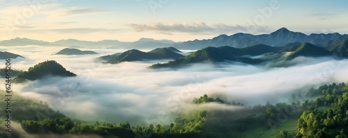 Foggy landscape in the jungle. Fog and cloud mountain tropic valley landscape. aerial view  wide misty panorama   Generative AI