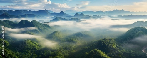 Foggy landscape in the jungle. Fog and cloud mountain tropic valley landscape. aerial view, wide misty panorama | Generative AI
