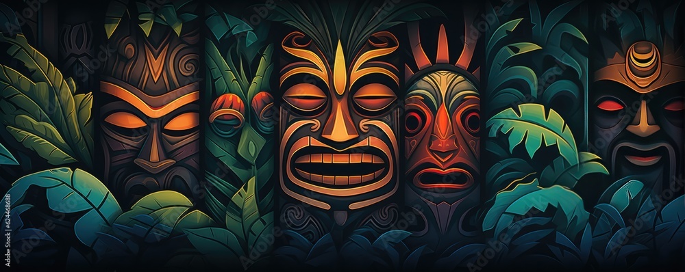 Tropical tiki mask, mystical symbol of the enigmatic lost tribe in the jungle, panorama. Generative Ai. Tropical tiki mask, mystical symbol of the enigmatic lost tribe in the jungle, panorama. Generative Ai.