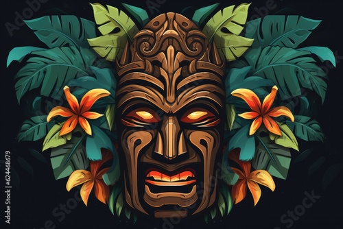 Tropical tiki mask, mystical symbol of the enigmatic lost tribe in the jungle. Generative Ai.