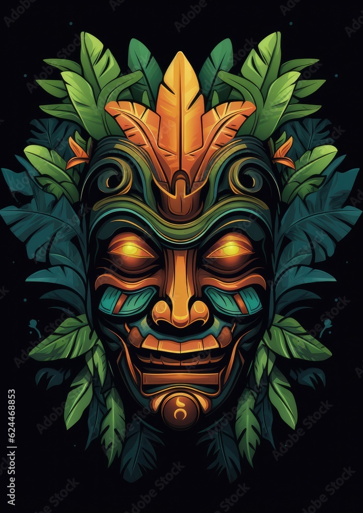 Tropical tiki mask, mystical symbol of the enigmatic lost tribe in the jungle. Generative Ai. Tropical tiki mask, mystical symbol of the enigmatic lost tribe in the jungle. Generative Ai.