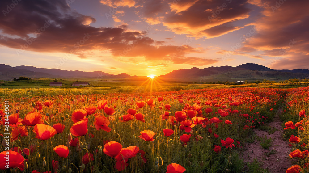 Sunset with poppies in a field, in the style of romantic: dramatic landscapes, romantic landscape