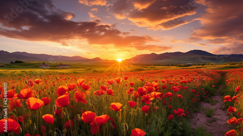 Sunset with poppies in a field, in the style of romantic: dramatic landscapes, romantic landscape