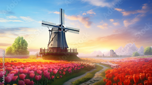 Tulips and windmill in the countryside wallpaper, in the style of spatial concept art