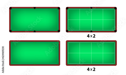 Billiards table. It measures 4x2. Pool table for game. Empty billiard table on a white background. Pool table for design of a billiard club or billiard tournament. Vector illustration