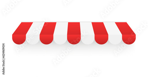 Red shop sunshade isolated on white background. Realistic striped cafe awning. Outdoor market tent. Roof canopy. Summer street store. Vector illustration