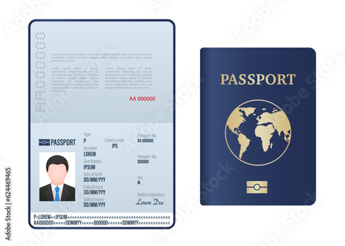 Blank open passport template. Foreign passport with a sample of personal data. Document for travel and immigration. Passport pages with sample data, photograph and signature. Vector illustration photo